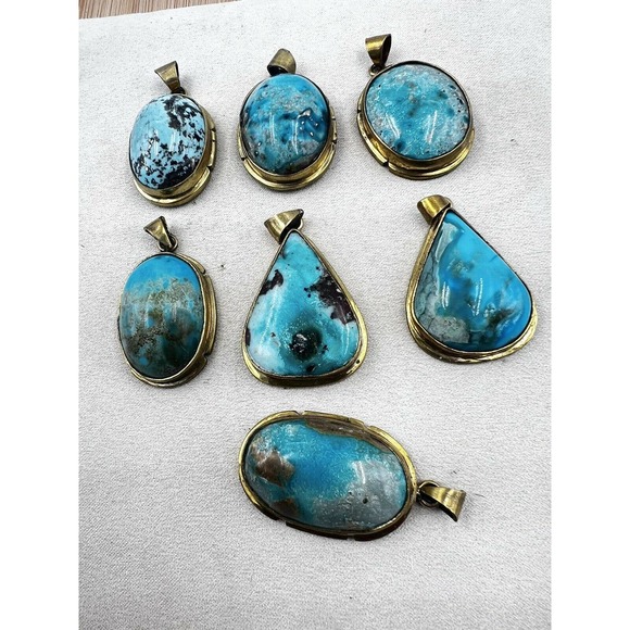 8 Natural Persian Turquoise Pendants Metal Brass Bulk Lot - Picture 3 of 10